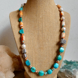 Turquoise Spiny Oyster Beaded Necklace - 11mm Freshwater Pearls - Old Bali Silver