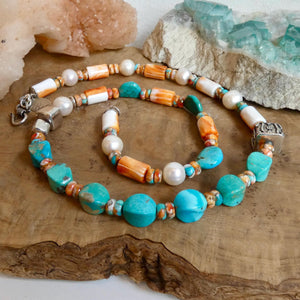 Turquoise Spiny Oyster Beaded Necklace - 11mm Freshwater Pearls - Old Bali Silver