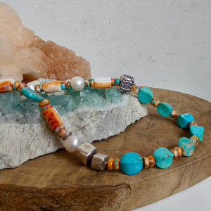Turquoise Spiny Oyster Beaded Necklace - 11mm Freshwater Pearls - Old Bali Silver