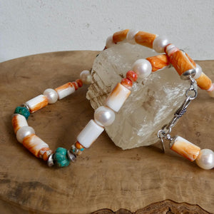 Orange Spiny Oyster Shell Turquoise Necklace -Sterling Silver