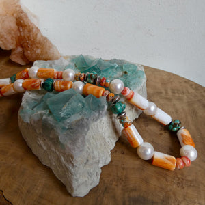 Orange Spiny Oyster Shell Turquoise Necklace -Sterling Silver