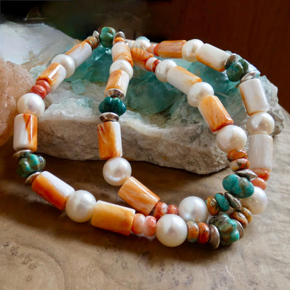Orange Spiny Oyster Shell Turquoise Necklace -Sterling Silver