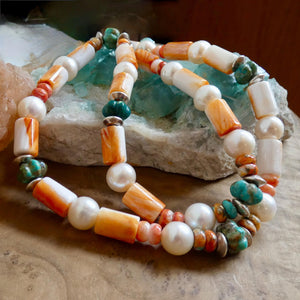 Orange Spiny Oyster Shell Turquoise Necklace -Sterling Silver