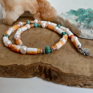 Orange Spiny Oyster Shell Turquoise Necklace -Sterling Silver