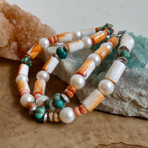 Orange Spiny Oyster Shell Turquoise Necklace -Sterling Silver