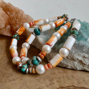 Orange Spiny Oyster Shell Turquoise Necklace -Sterling Silver