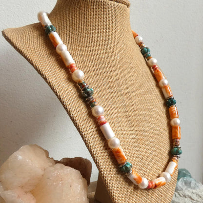 Orange Spiny Oyster Shell Turquoise Necklace -Sterling Silver