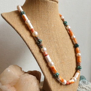 Orange Spiny Oyster Shell Turquoise Necklace -Sterling Silver