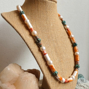 Orange Spiny Oyster Shell Turquoise Necklace -Sterling Silver