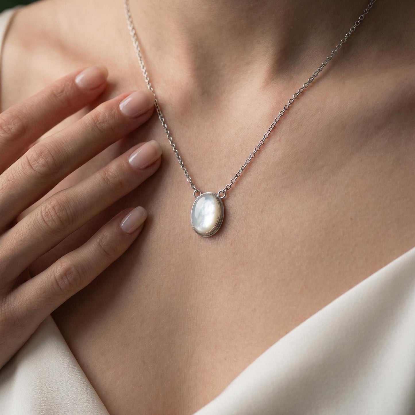 Mother of Pearl Pendant Necklace - Sterling Silver Chain, Silversmith