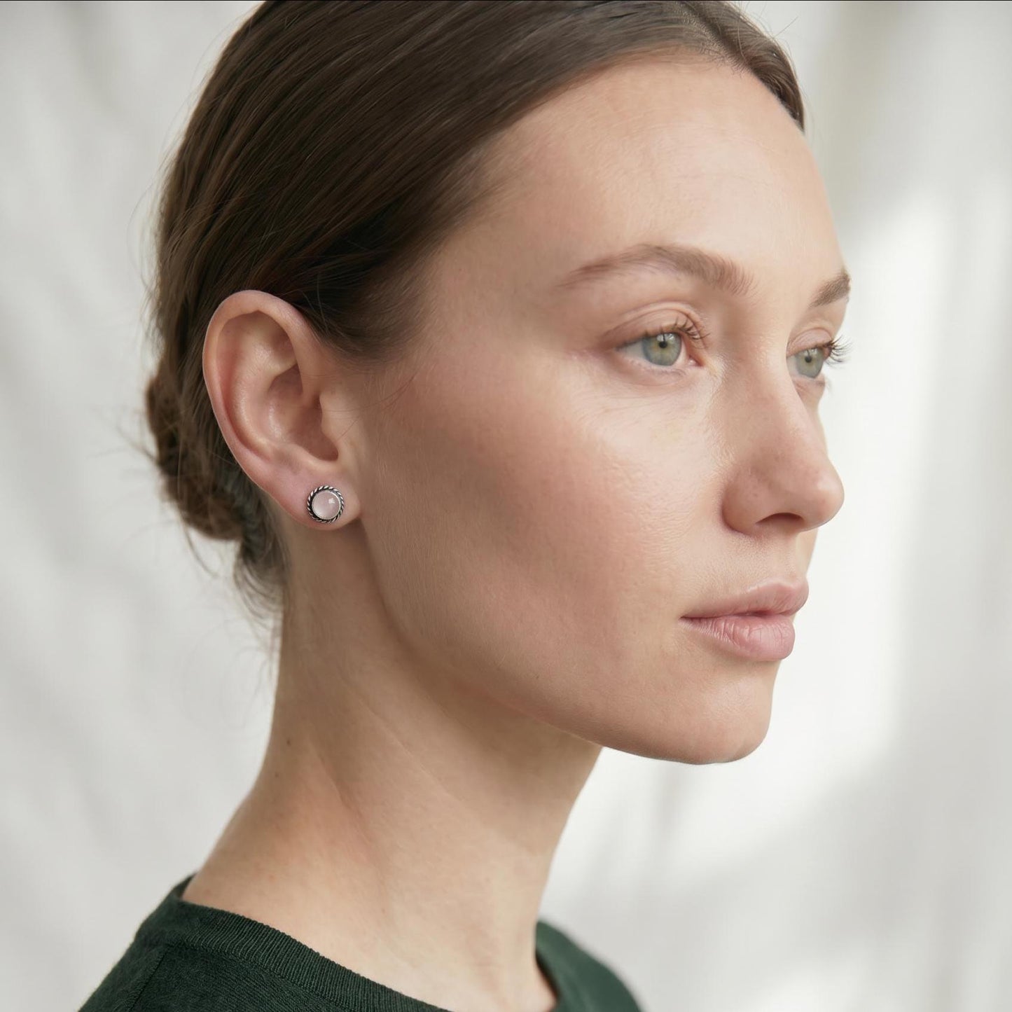 Rose Quartz Stud Earrings – Sterling Silver, Twist Wire Setting