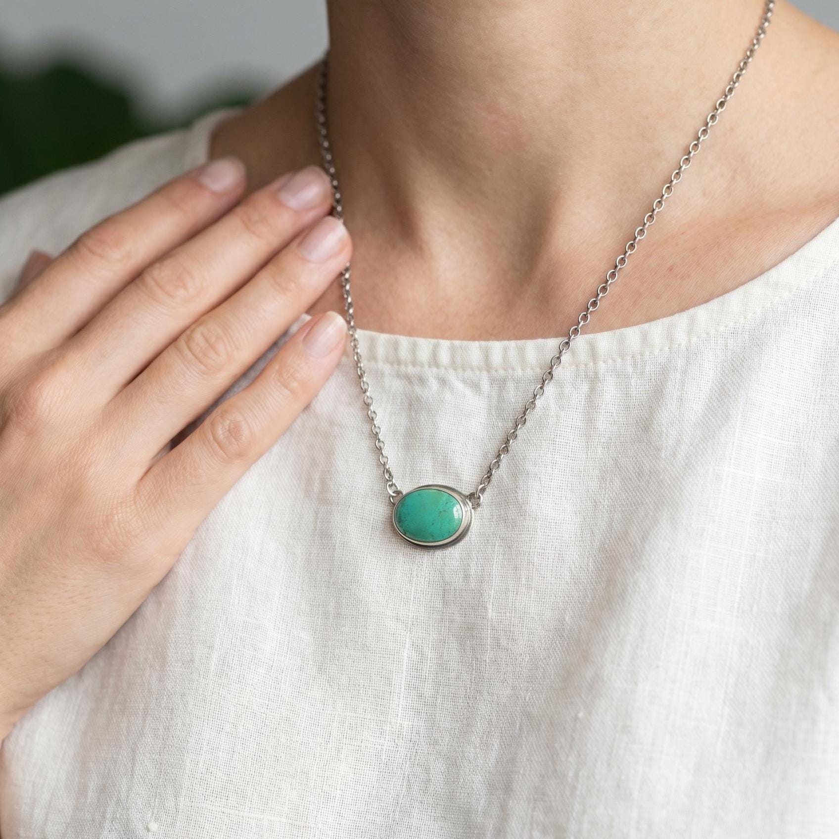 Oval Turquoise Pendant Necklace – Sterling Silver Boho Chain
