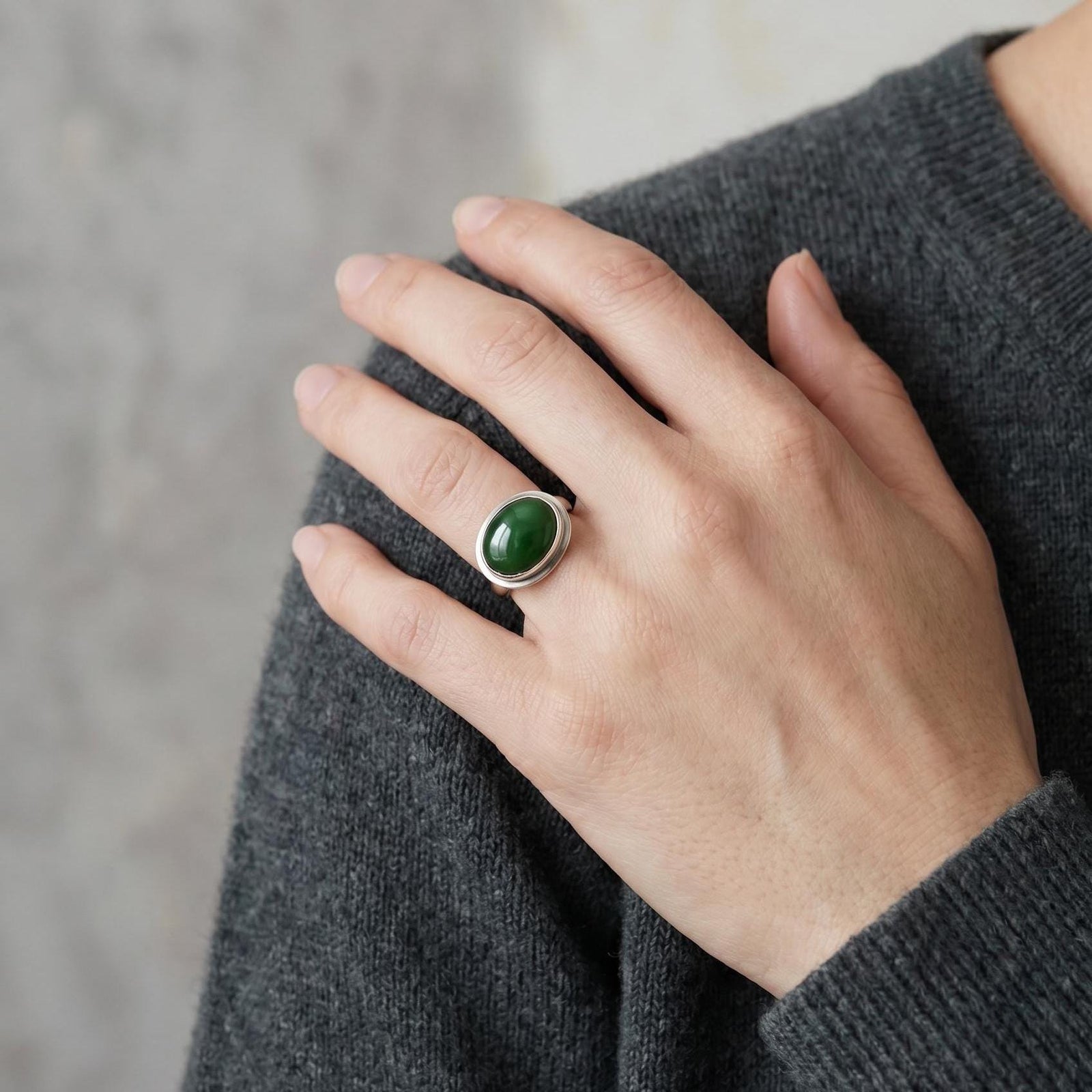 Nephrite Jade Ring - Green East West Oval Ring -.925 Sterling Silver