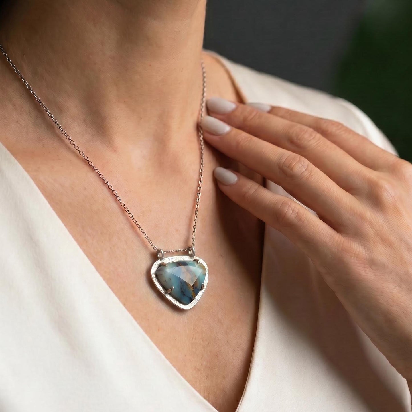 OOAK Peruvian Blue Opal Necklace - 14K Gold Prong Pendant - Sterling Silver