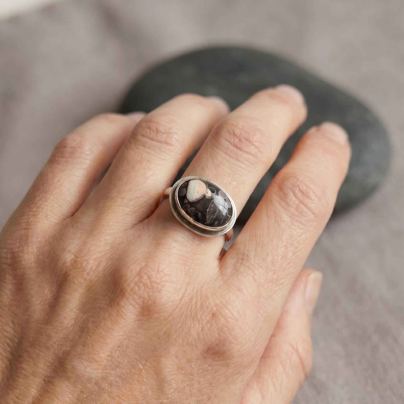 Sterling Silver Fossil Jasper Ring – East West Oval Stone