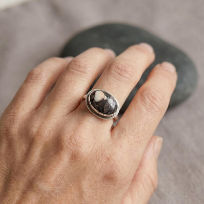 Sterling Silver Fossil Jasper Ring – East West Oval Stone