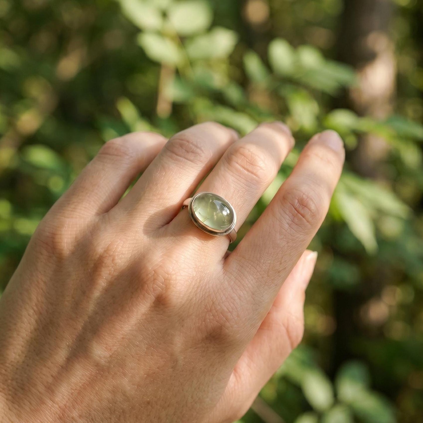 Green Prehnite Quartz East West Oval Ring - Silversmith Ring