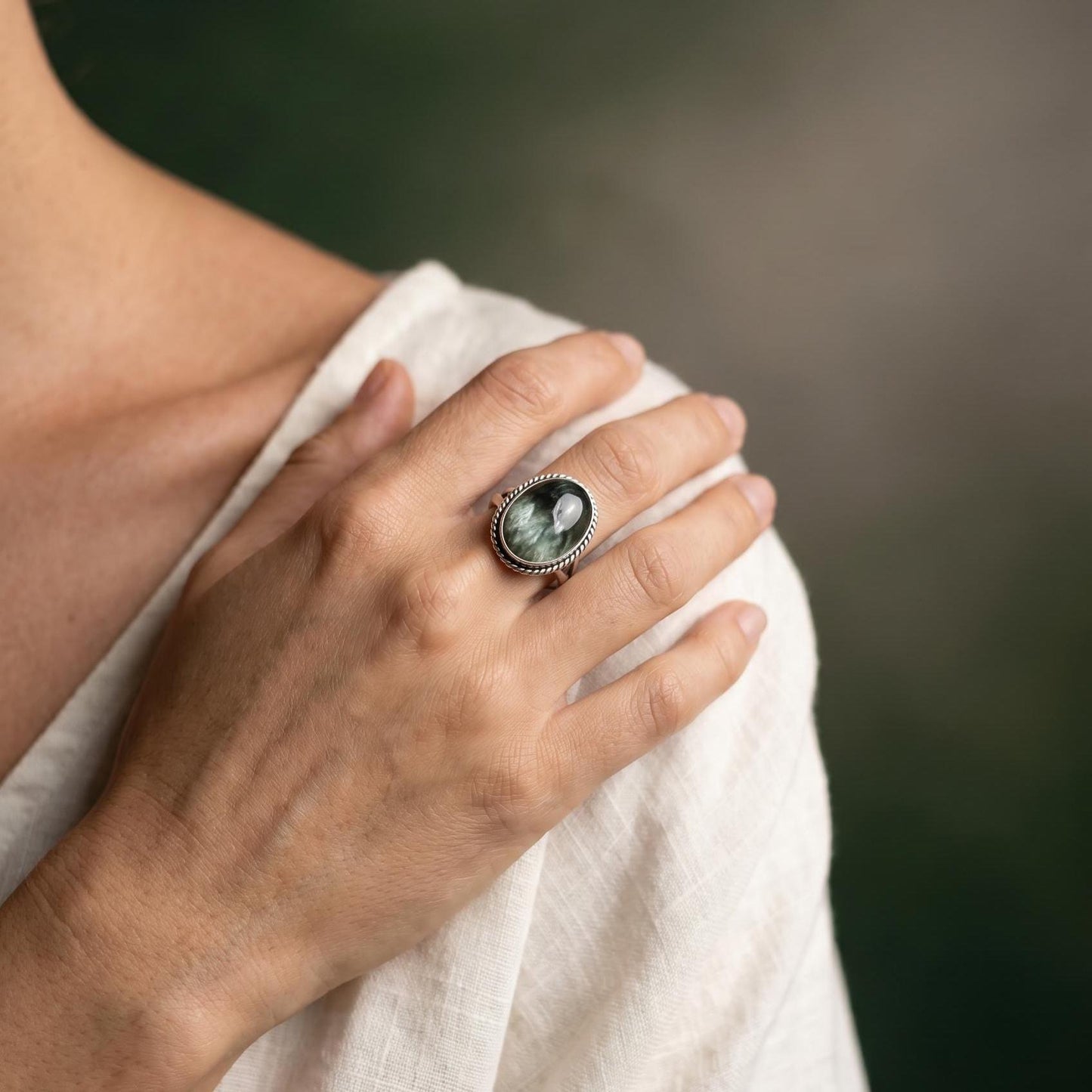 Seraphinite Sterling Silver Ring - Handmade Boho Statement Jewelry