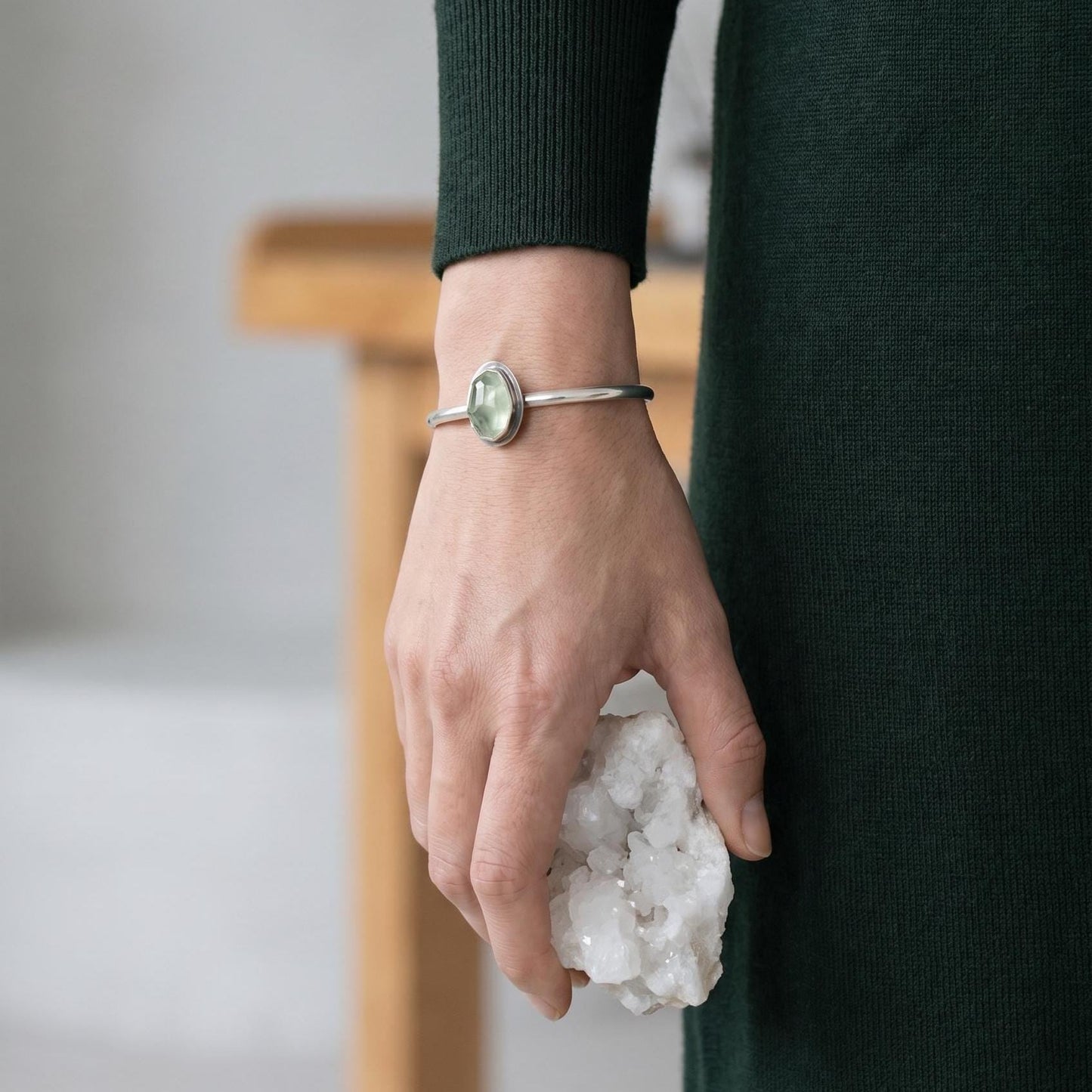Prehnite Cuff Bracelet - .925 Sterling Silver - Silversmith - Open Bangle Bracelet