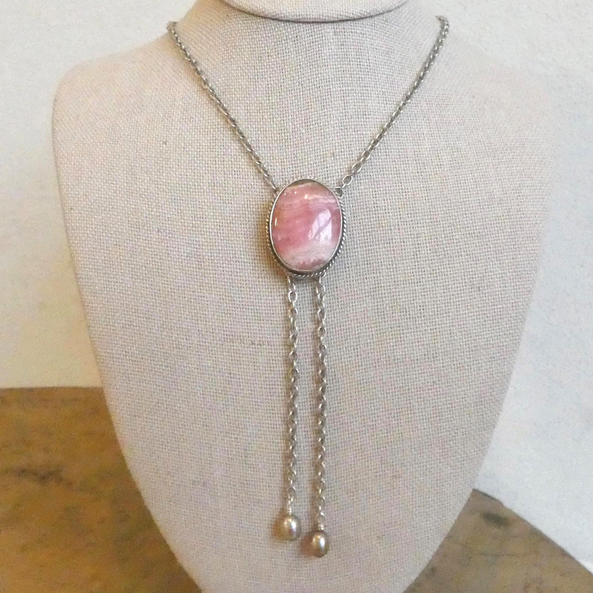 Pink Rhodochrosite Bolo Necklace - Sterling Silver Y Necklace