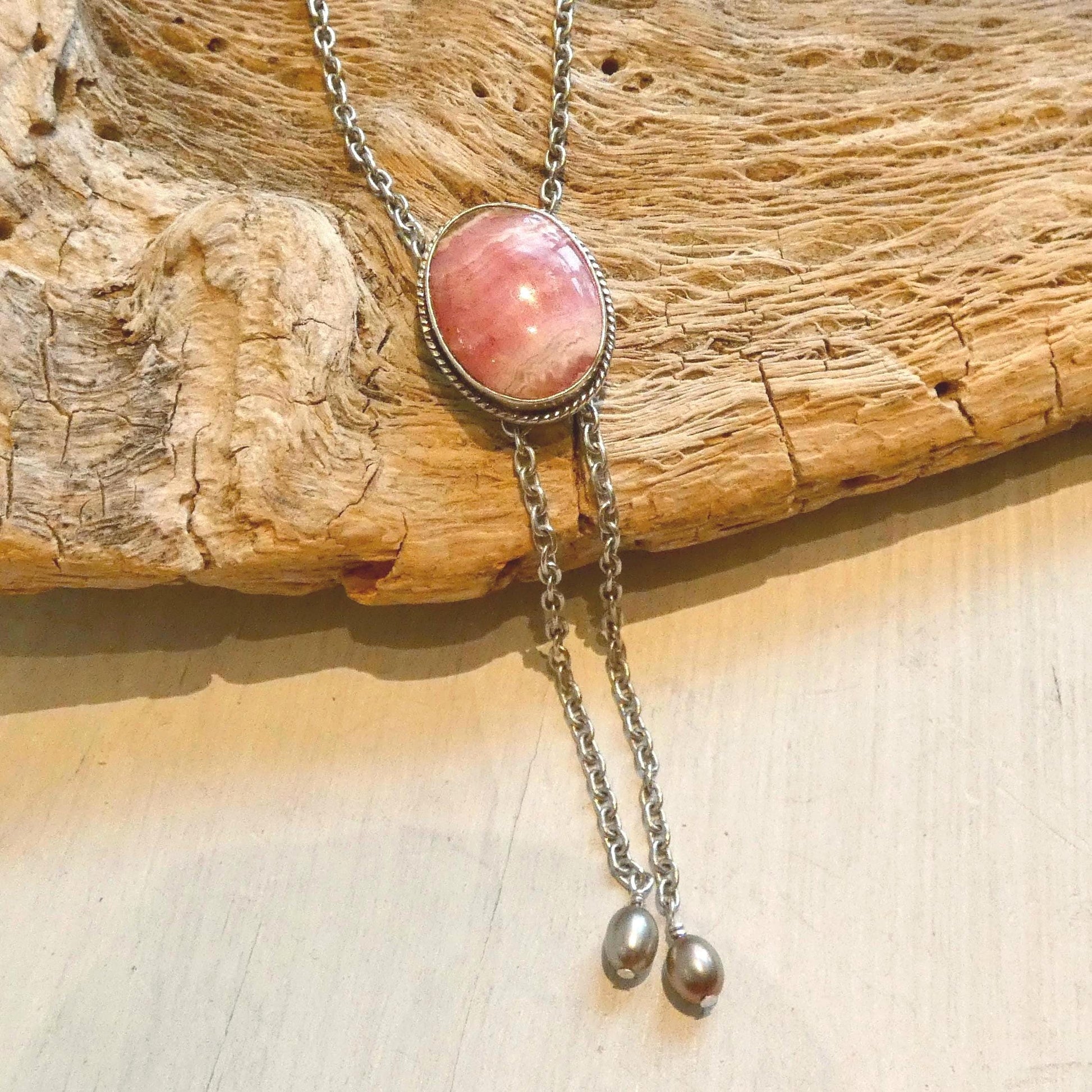 Pink Rhodochrosite Bolo Necklace - Sterling Silver Y Necklace