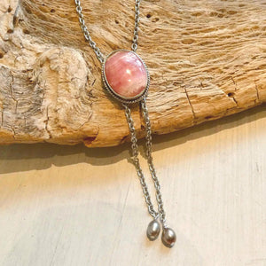 Pink Rhodochrosite Bolo Necklace - Sterling Silver Y Necklace