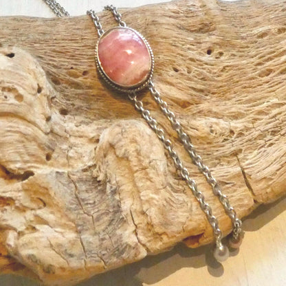 Pink Rhodochrosite Bolo Necklace - Sterling Silver Y Necklace