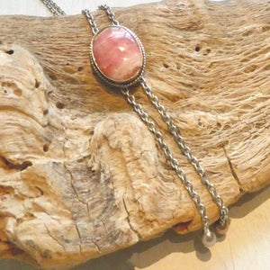 Pink Rhodochrosite Bolo Necklace - Sterling Silver Y Necklace