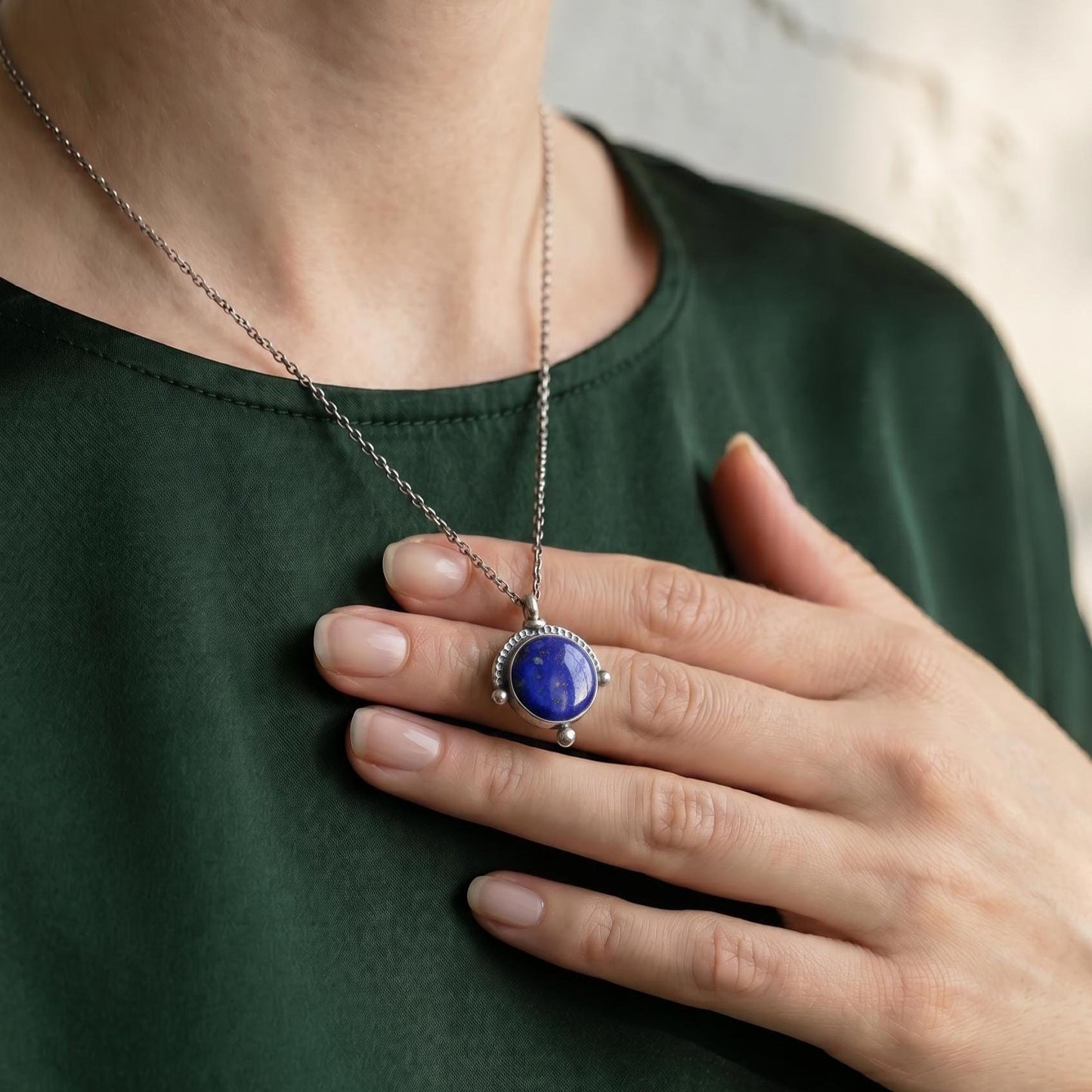 Lapis Lazuli Necklace, Sterling Silver Pendant, Round Gemstone Jewelry