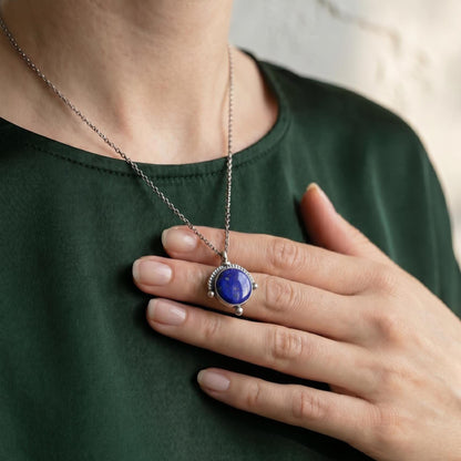 Lapis Lazuli Necklace, Sterling Silver Pendant, Round Gemstone Jewelry