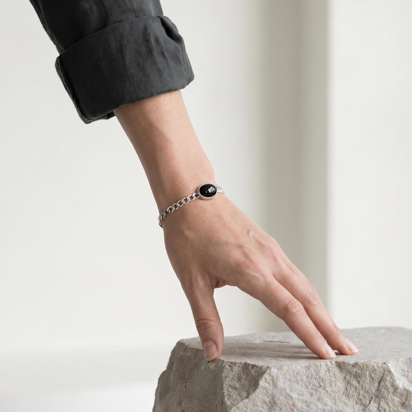 Black Agate Sterling Silver Link Bracelet – Unisex Curb Chain