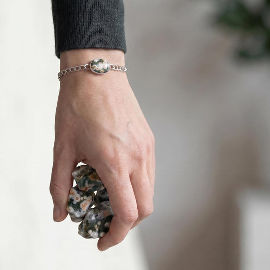 Ocean Jasper Link Bracelet - Sterling Silver Chain Bracelet - Choose Your Stone