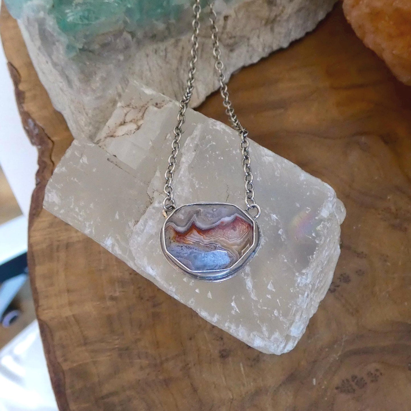 Laguna Lace Agate Necklace - East-West Pendant - Sterling Silver