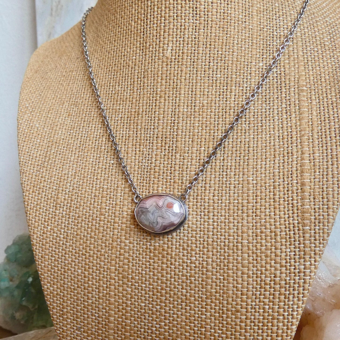 Laguna Lace Agate Necklace - East-West Pendant - Sterling Silver