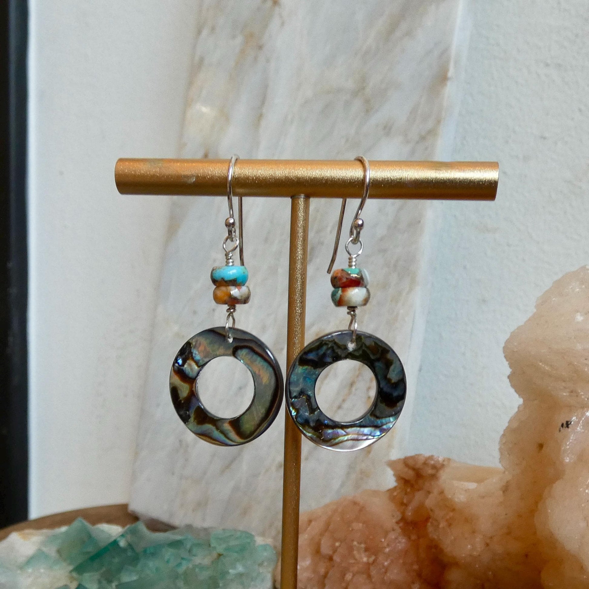 Spiny Oyster Turquoise and Abalone Earrings- .925 Sterling Silver