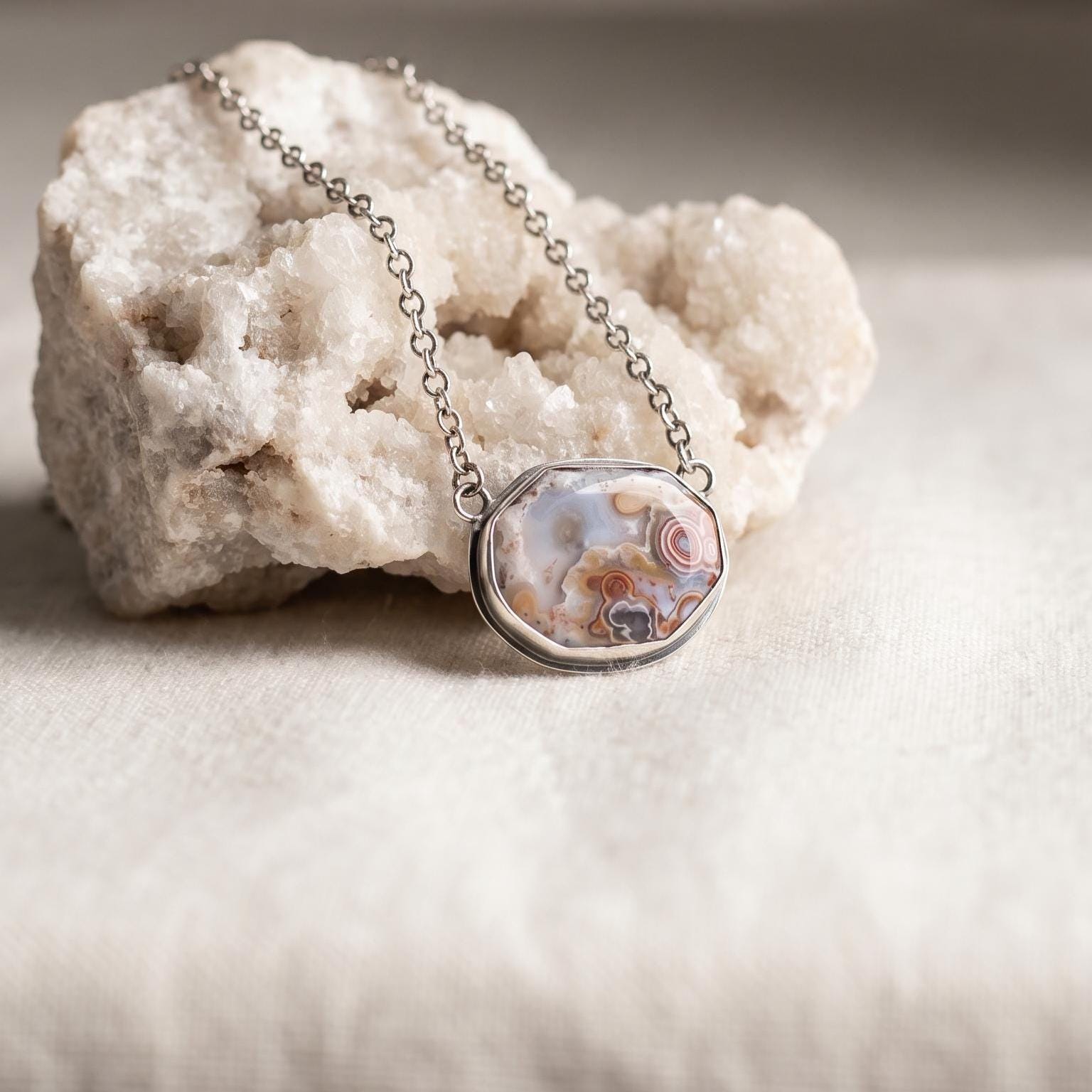 Laguna Lace Agate Necklace - East-West Pendant - Sterling Silver