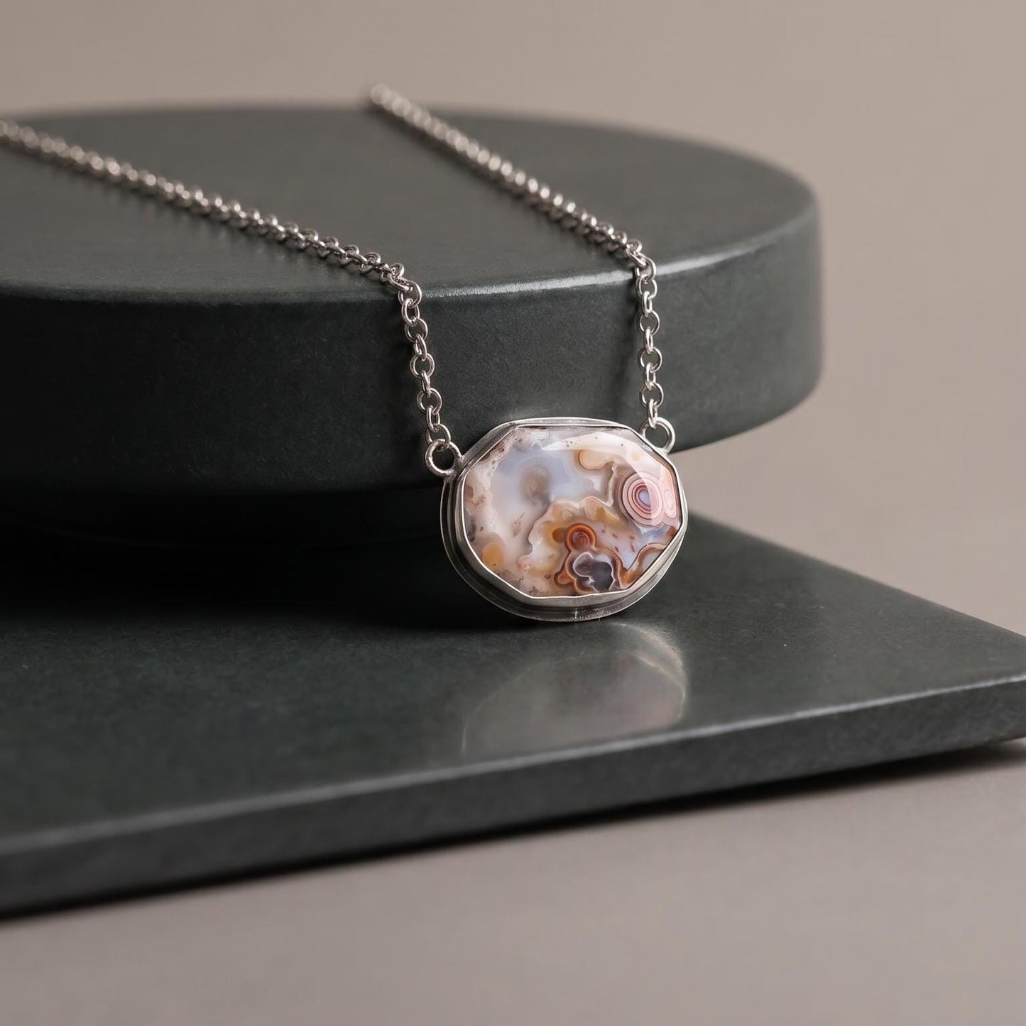 Laguna Lace Agate Necklace - East-West Pendant - Sterling Silver