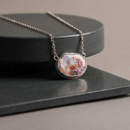 Laguna Lace Agate Necklace - East-West Pendant - Sterling Silver