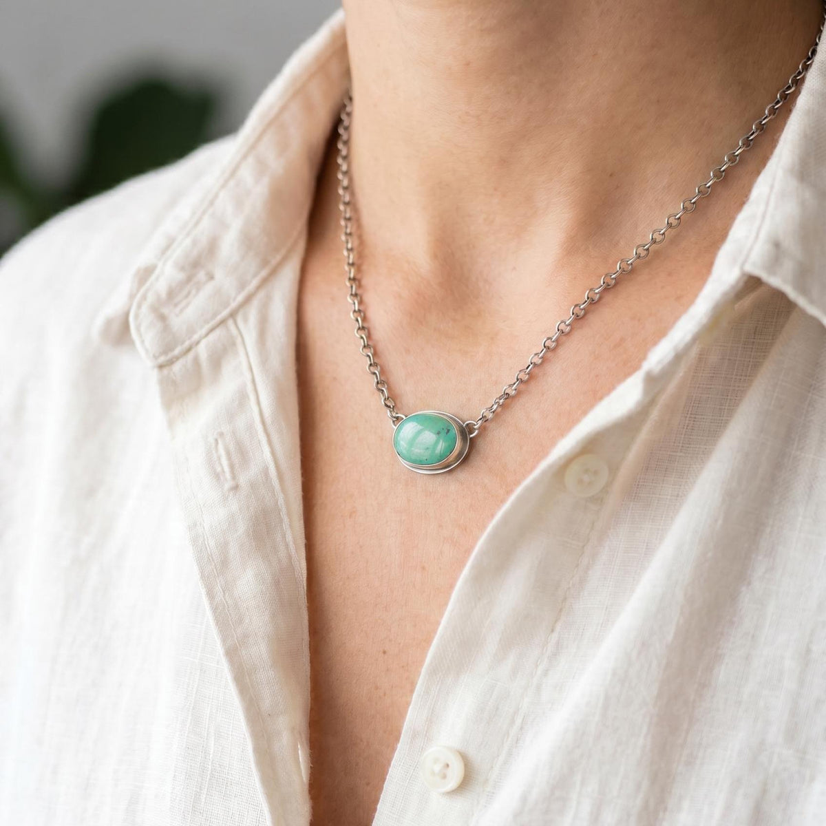 Oval Turquoise Pendant Necklace | Sterling Silver Boho Chain