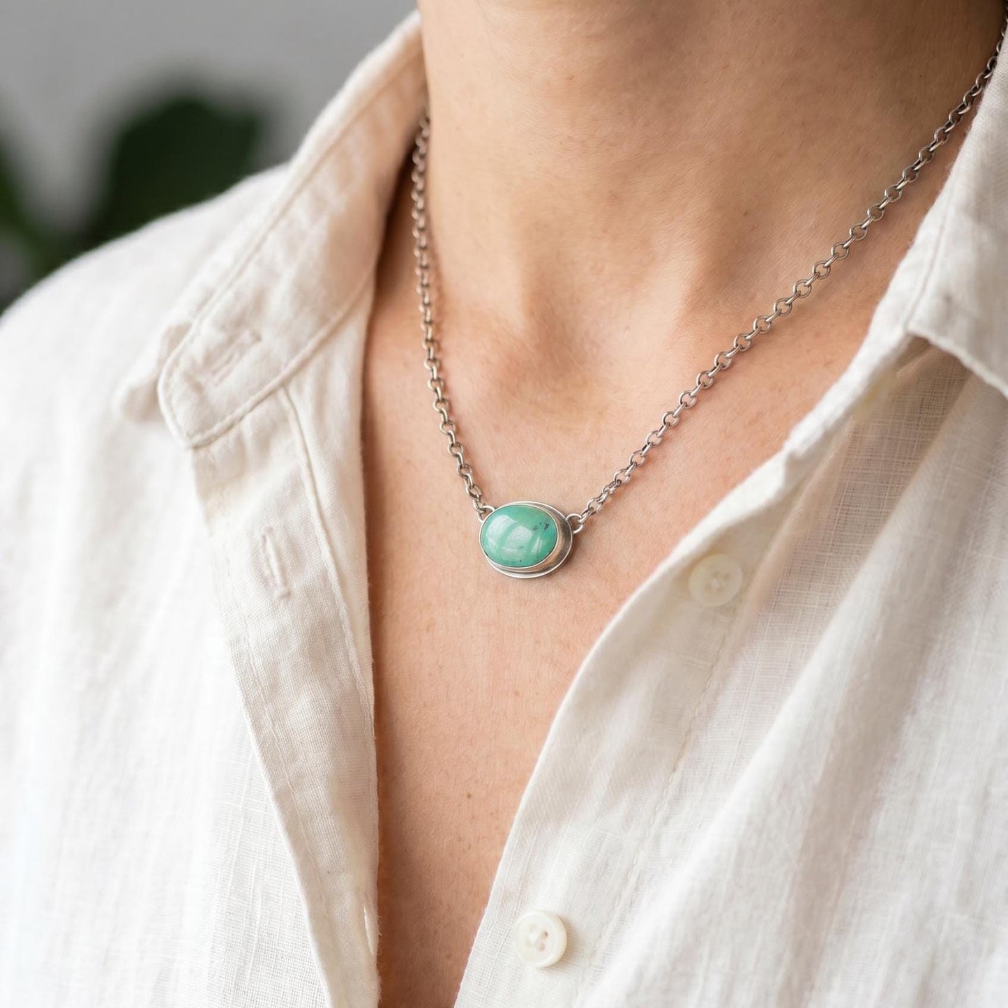 Oval Turquoise Pendant Necklace – Sterling Silver Boho Chain