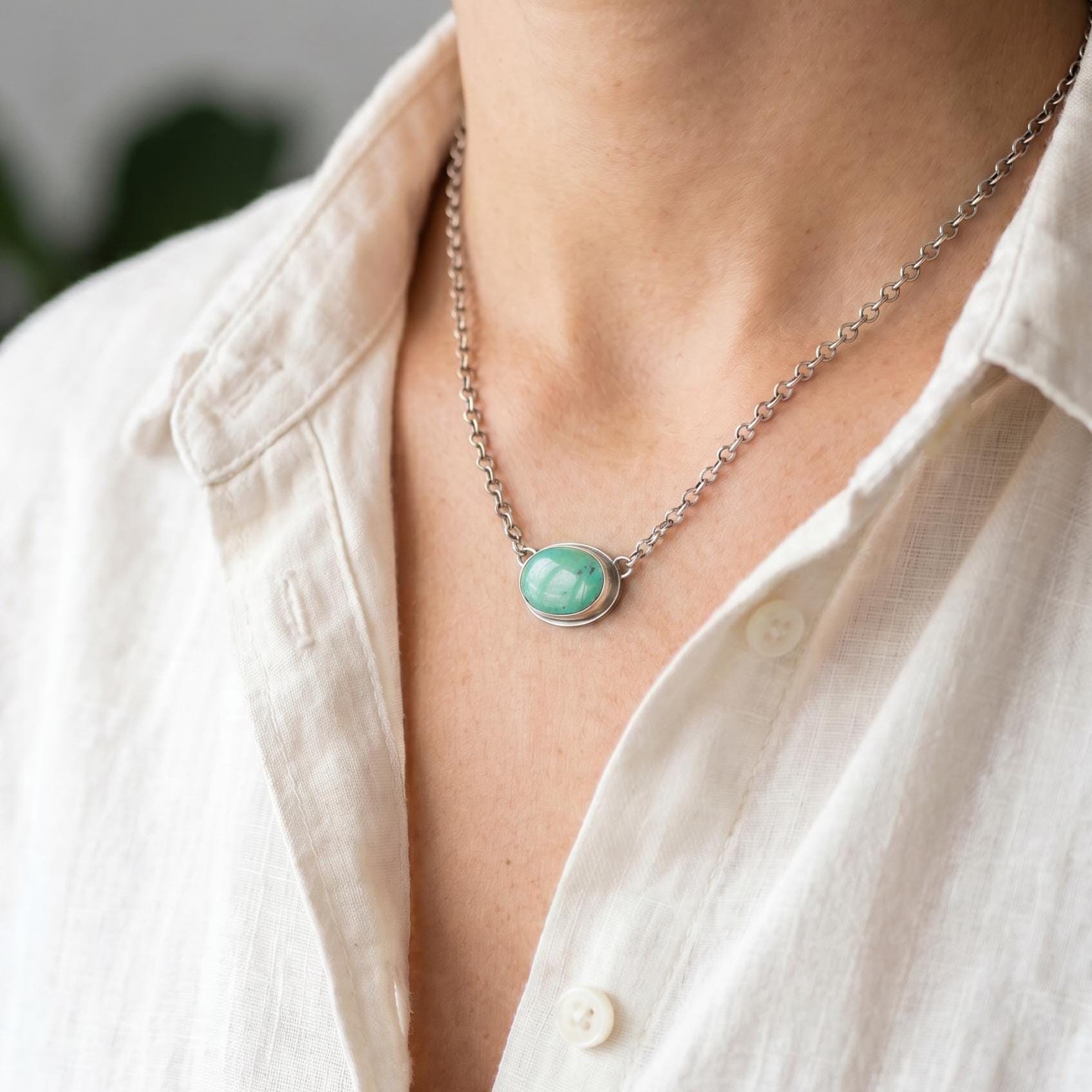 Oval Turquoise Pendant Necklace – Sterling Silver Boho Chain