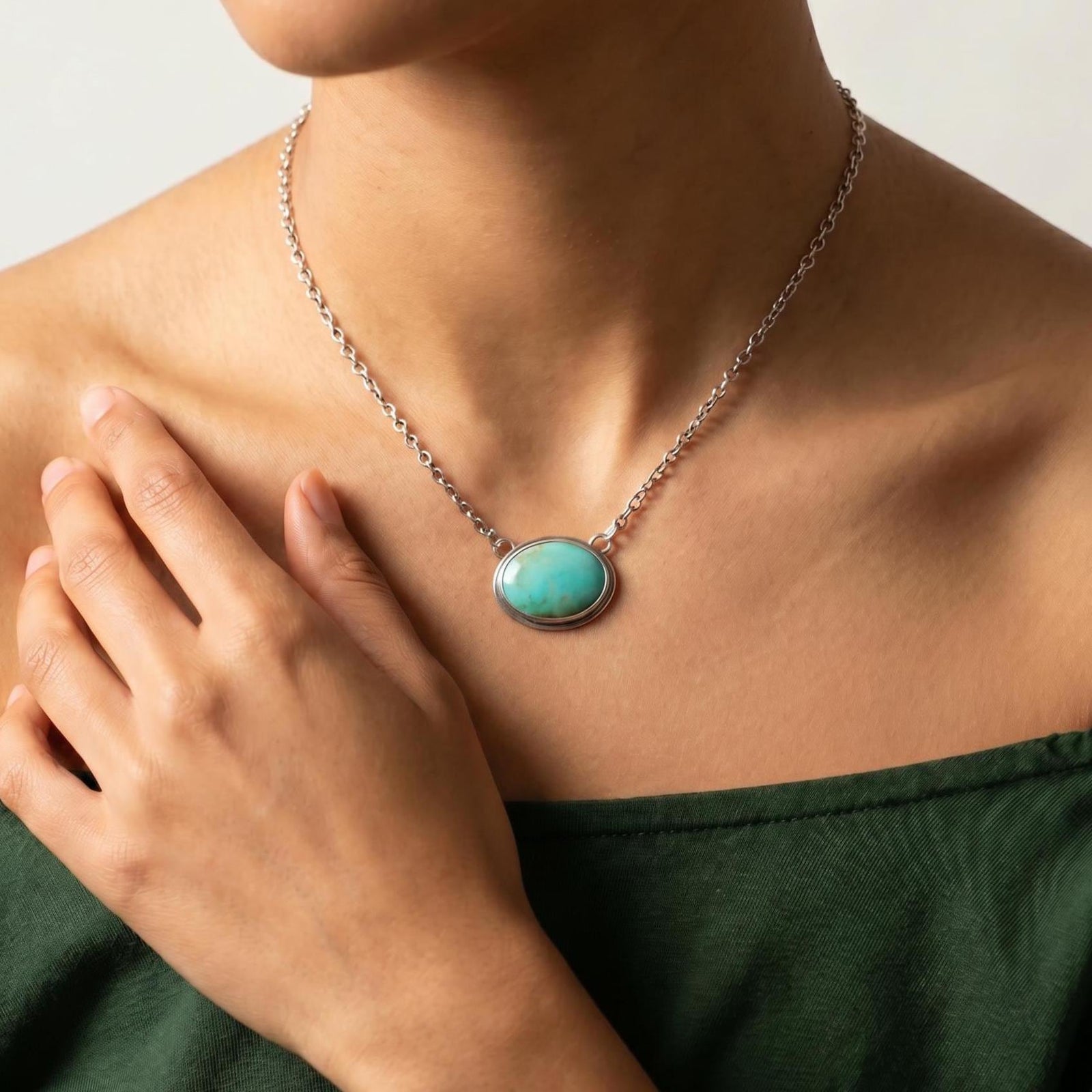 Oval Turquoise Pendant Necklace – Sterling Silver Boho Chain