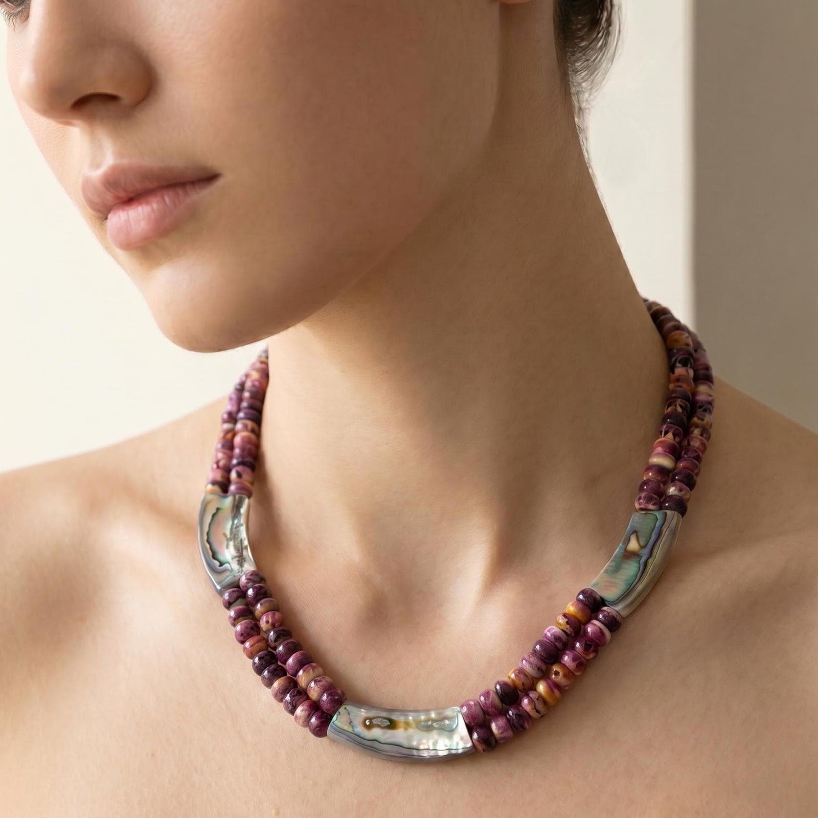 Purple Spiny Oyster Beaded Necklace - Abalone Shell Jewelry - .999 Silver