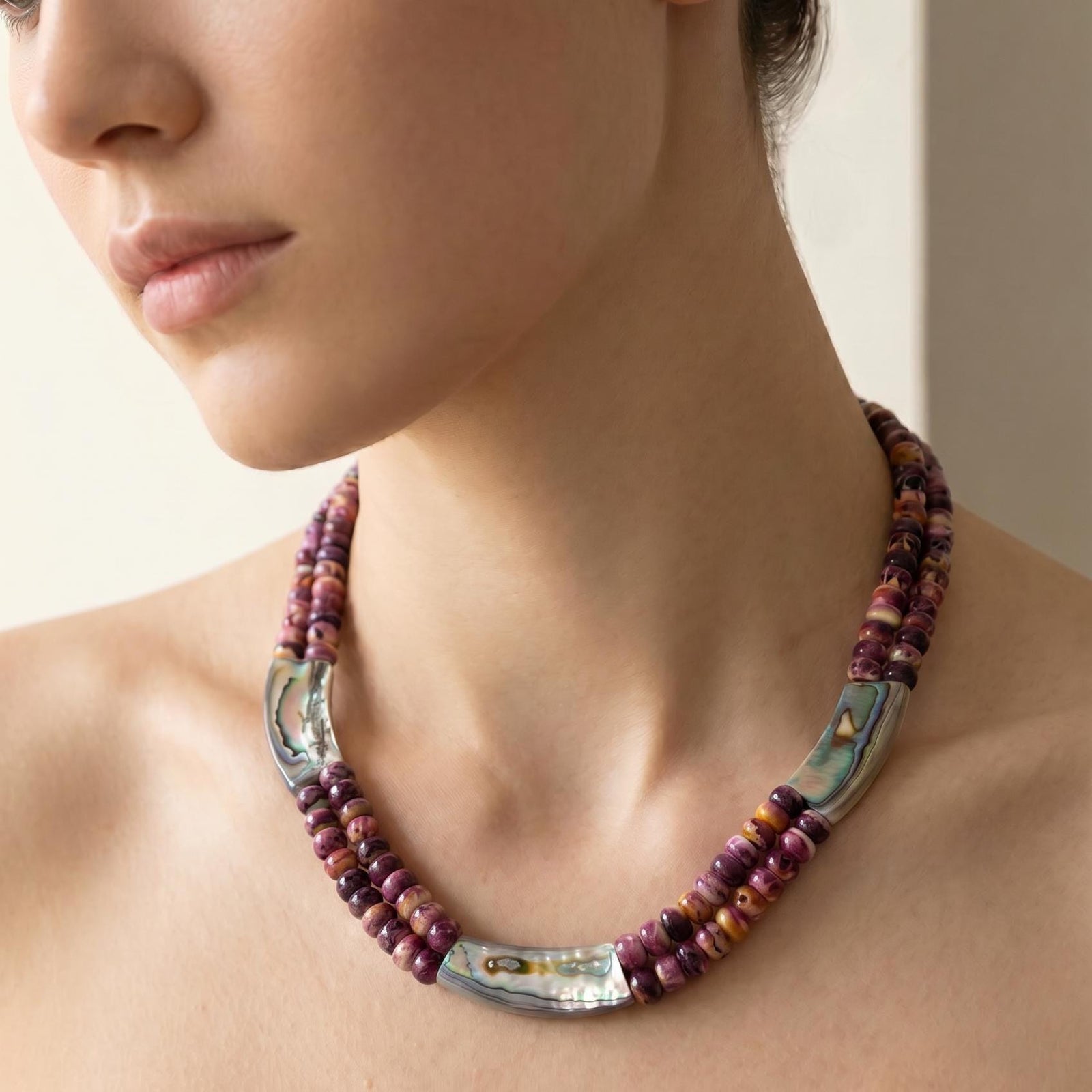 Purple Spiny Oyster Beaded Necklace - Abalone Shell Jewelry - .999 Silver