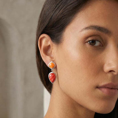 Two-Tone Spiny Oyster Sterling Silver Earrings – Red and Orange Drops