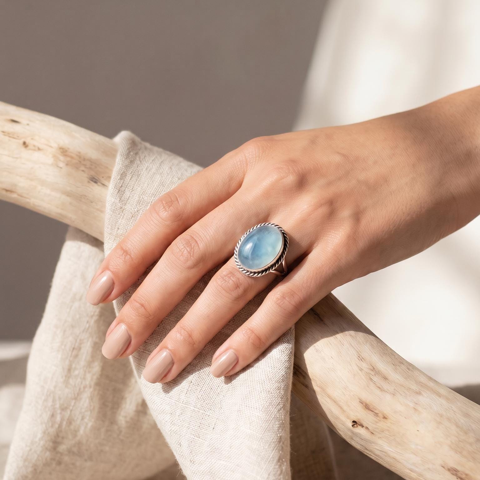 Sterling Silver AAA Aquamarine Boho Statement Ring – Twist Wire Split Shank
