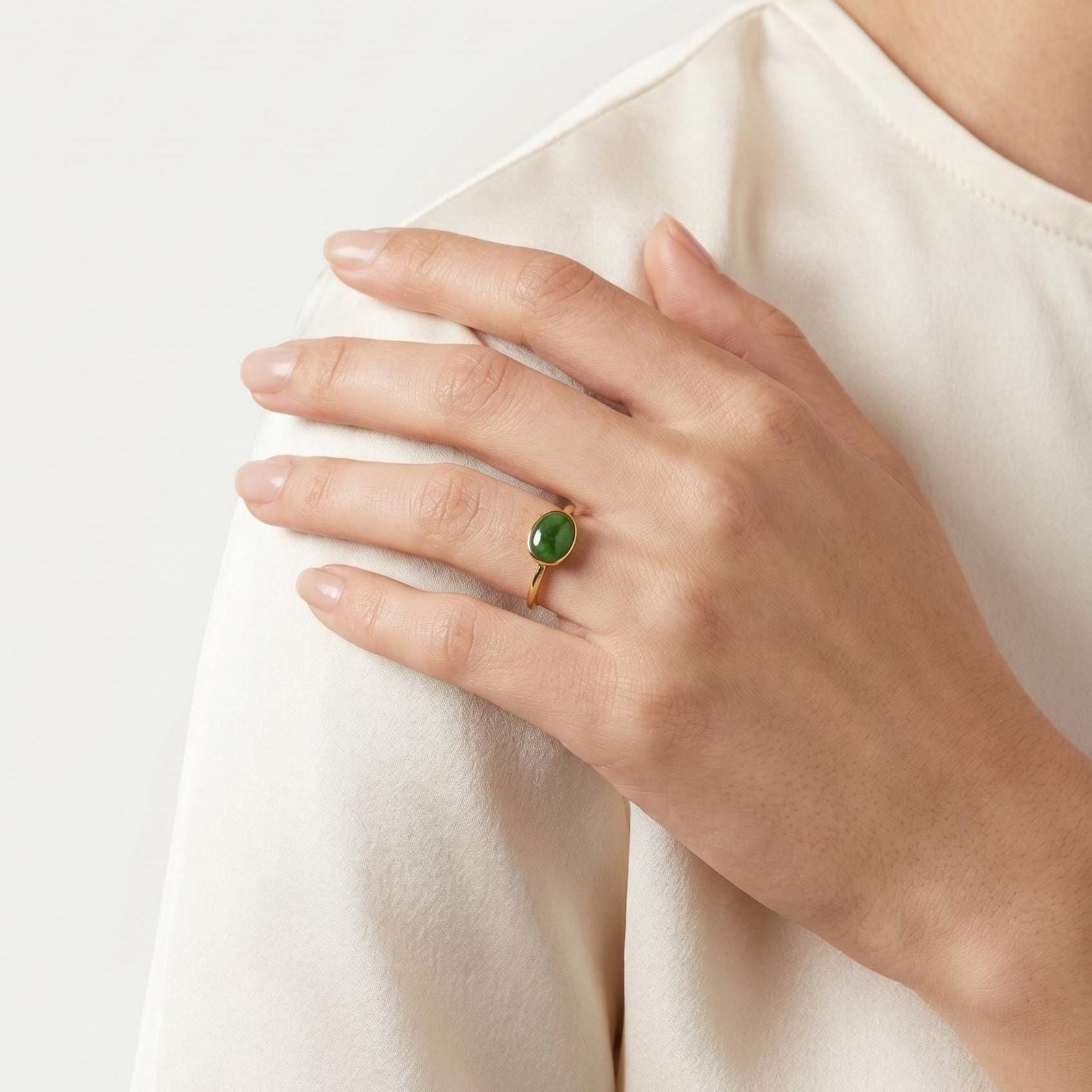 Green Nephrite Jade - Size 6 - Solid 18K Gold Ring - East West Oval