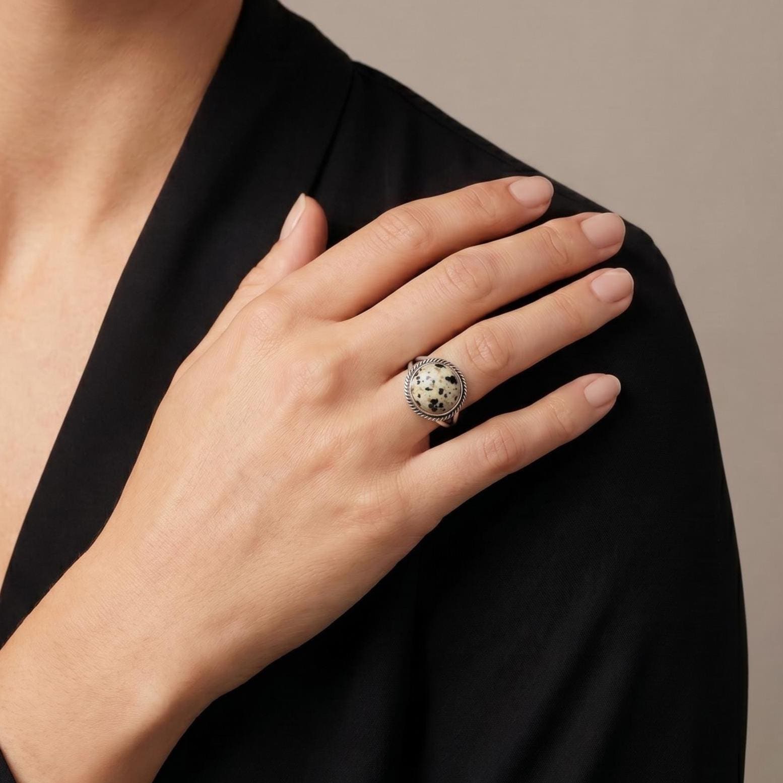 Round Dalmatian Jasper Ring - Western Spotted Jasper Ring - .925 Sterling Silver