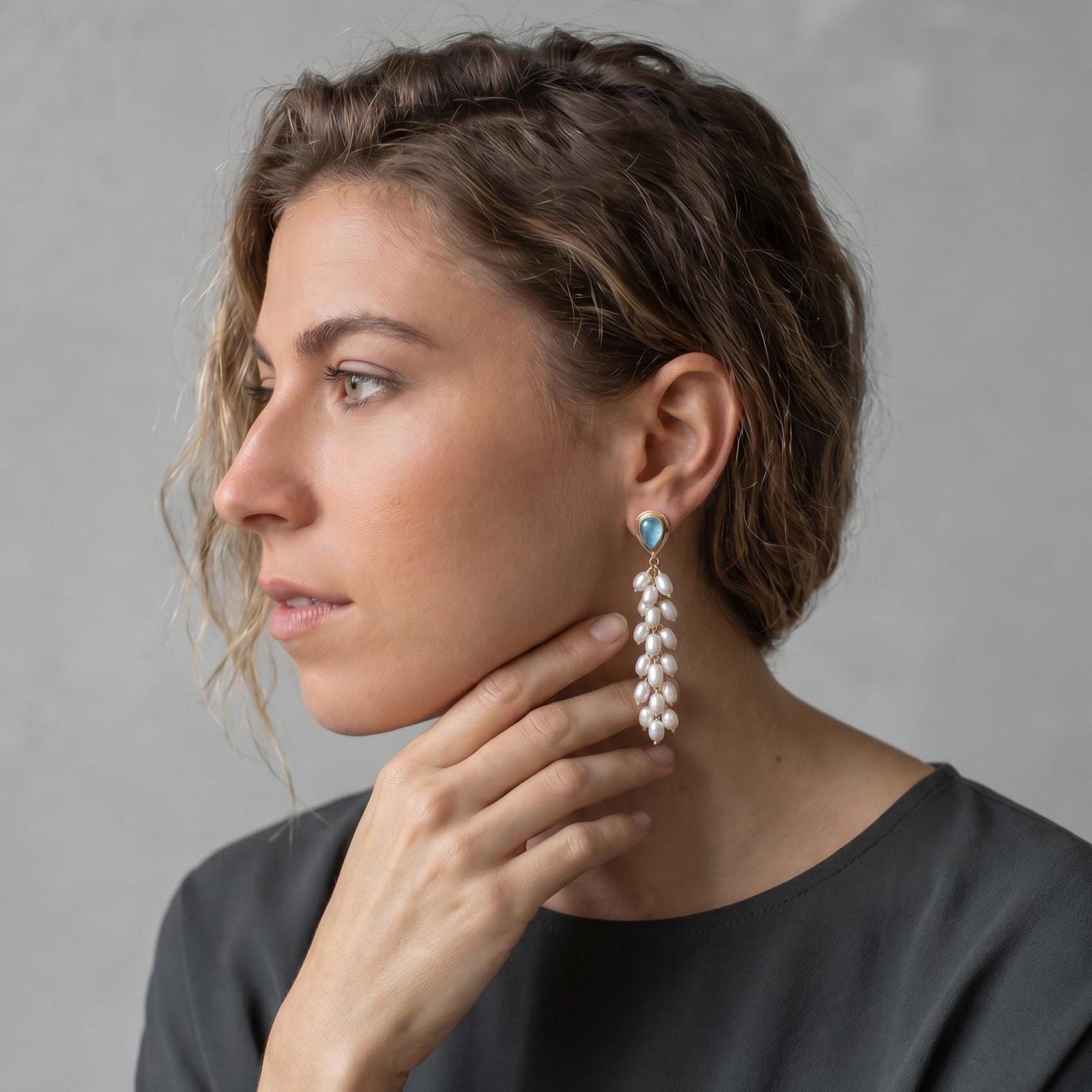 Aquamarine Wedding Earrings with Long Pearl Dangles - 14 KT Gold