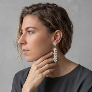 Aquamarine Wedding Earrings with Long Pearl Dangles - 14 KT Gold